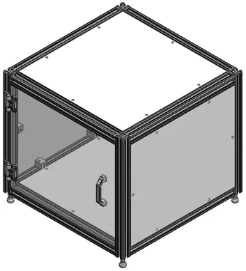 Render of the storage case with a black extrusion frame and glass doors.