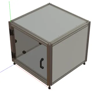 Render of the storage case with a bronze frame and flush side panels.